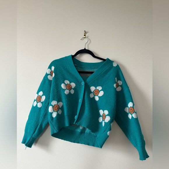 TURQUOISE FLOWER CARDIGAN SIZE XS - Picture 1 of 5